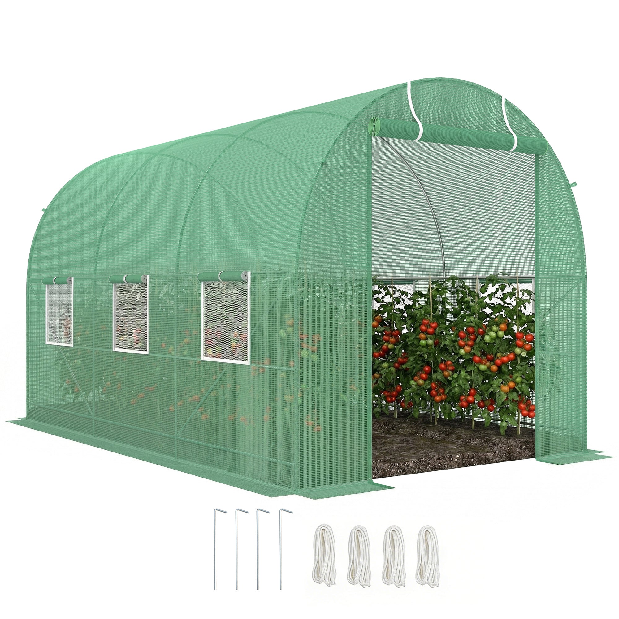 Serra da giardino a tunnel superficie suolo 7m² 3,5L x 2P x 2A m telaio tubolare rinforzato porta con zip 6 finestre avvolgibili verde