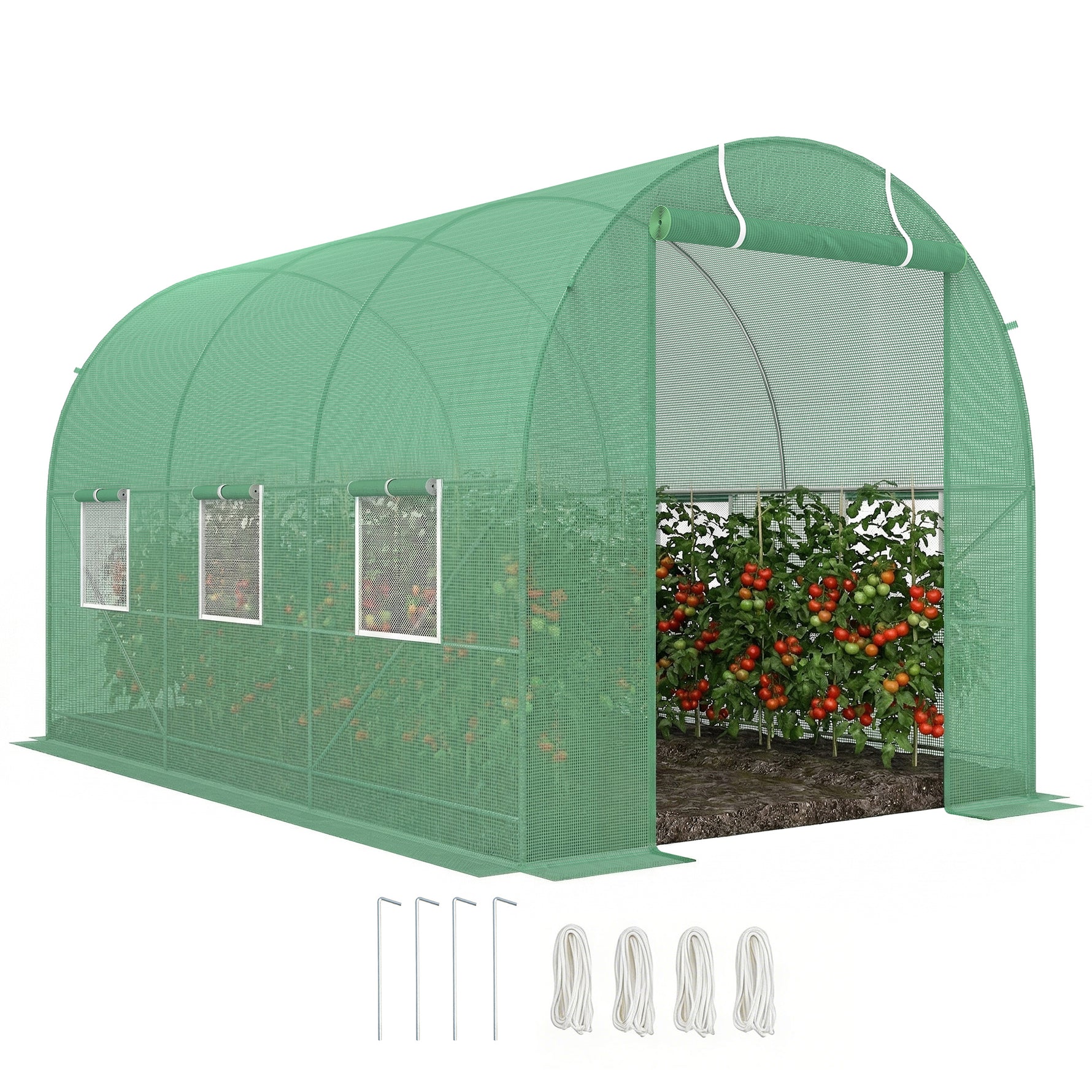 Serre de Jardin Tunnel Surface Sol 7m² 3,5L x 2l x 2H m châssis Tubulaire renforcé Porte zippée 6 fenêtres enroulables Vert
