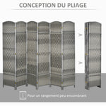 Paravent intérieur en bois 6 panneaux séparateur de pièce pliable pour salon chambre 270 x 180 cm gris mélangé