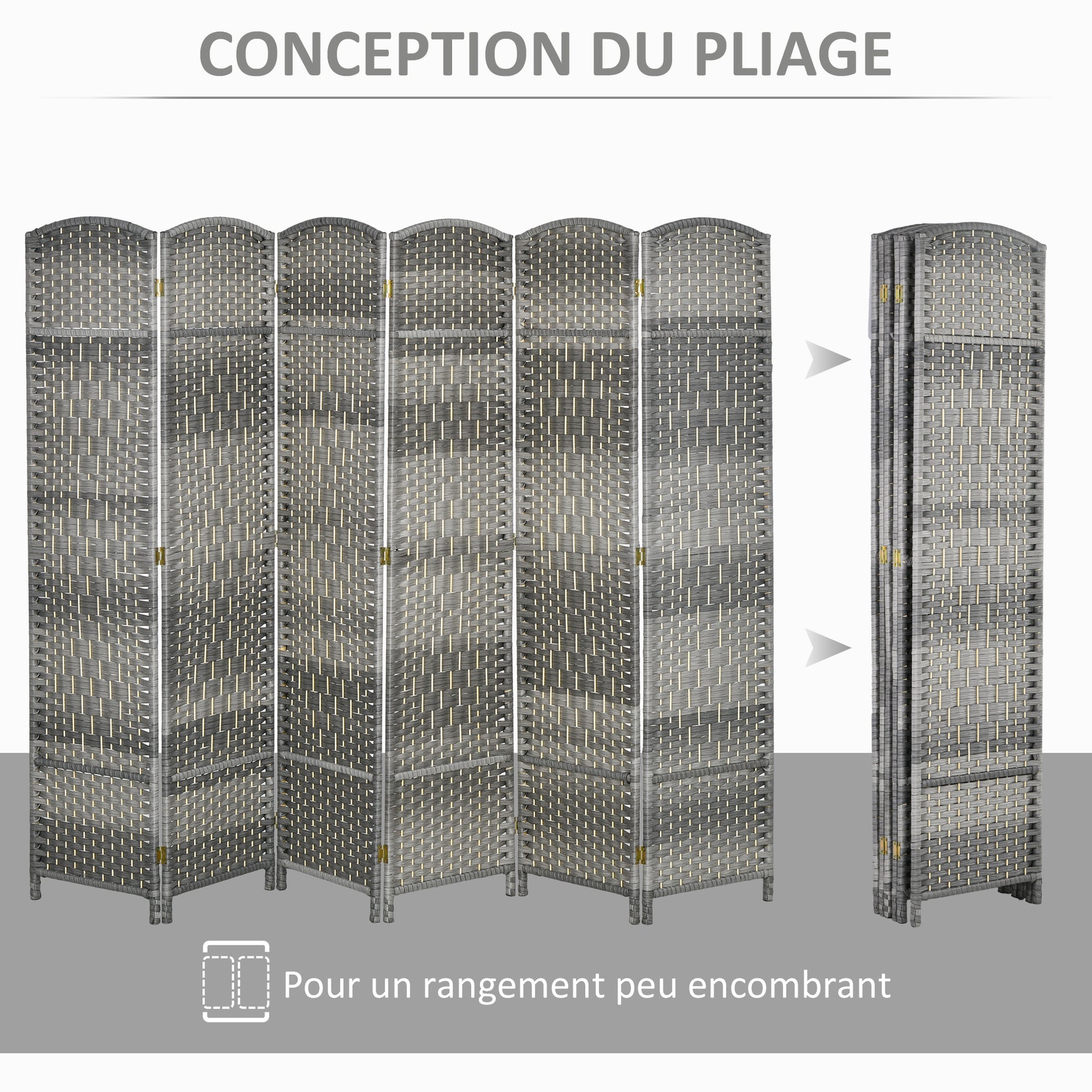 Paravent intérieur en bois 6 panneaux séparateur de pièce pliable pour salon chambre 270 x 180 cm gris mélangé