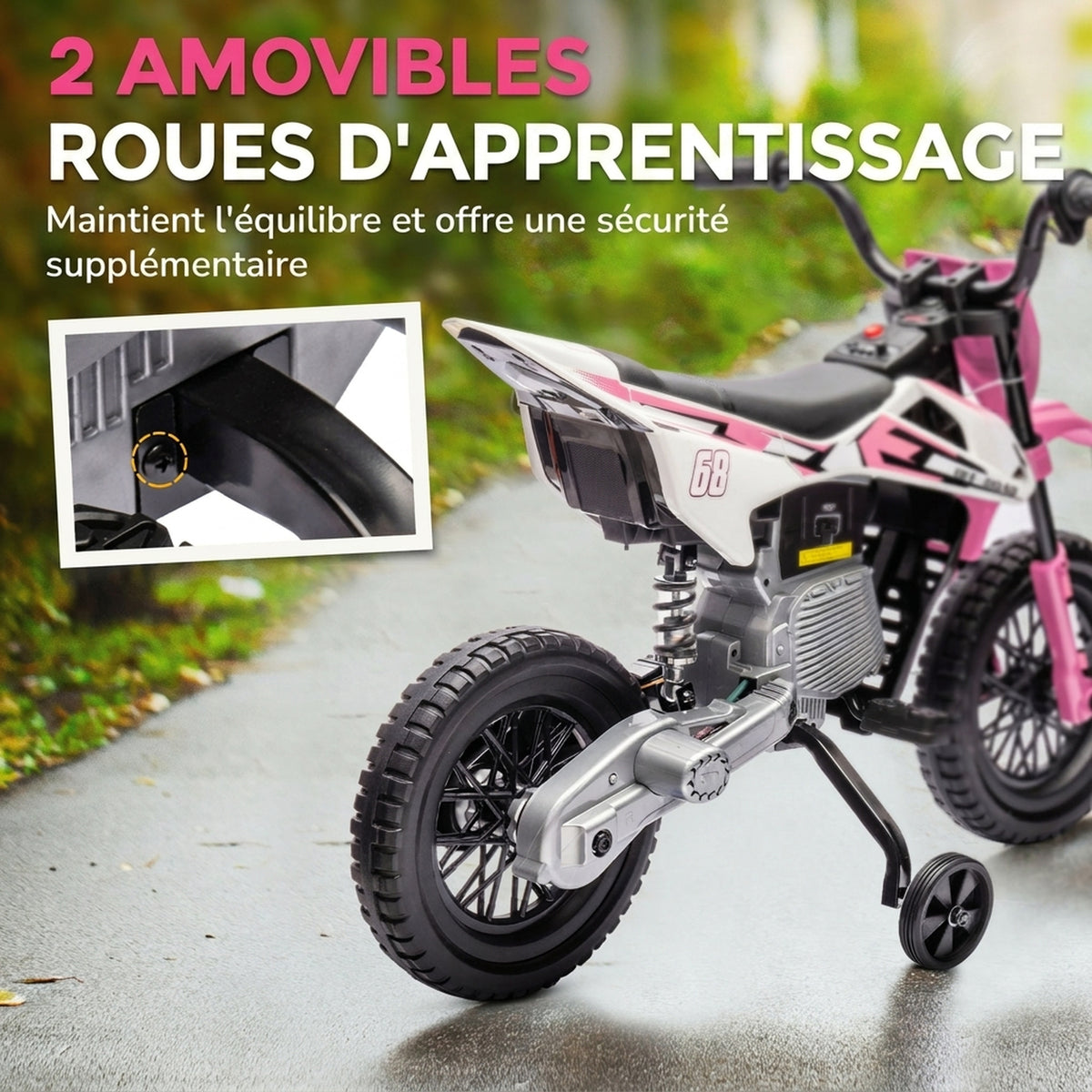 Moto électrique pour enfant moto cross pour enfants de 3 à 6 ans 2 moteurs 12V vitesse 5 km/h 109,5x60x72,5cm rose