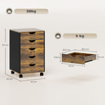 Caisson bureau mobile, meuble rangement sur roulettes avec 5 tiroirs, bois, 40 x 40 x 67 cm, marron