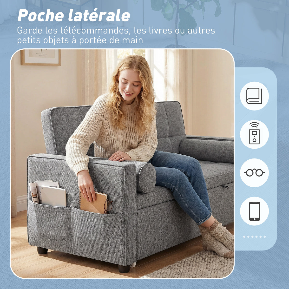 Canapé convertible 2 places 3 en 1 canapé-lit avec lit gigogne double dossier réglable 2 coussins 80,5x137,5x84cm gris-6