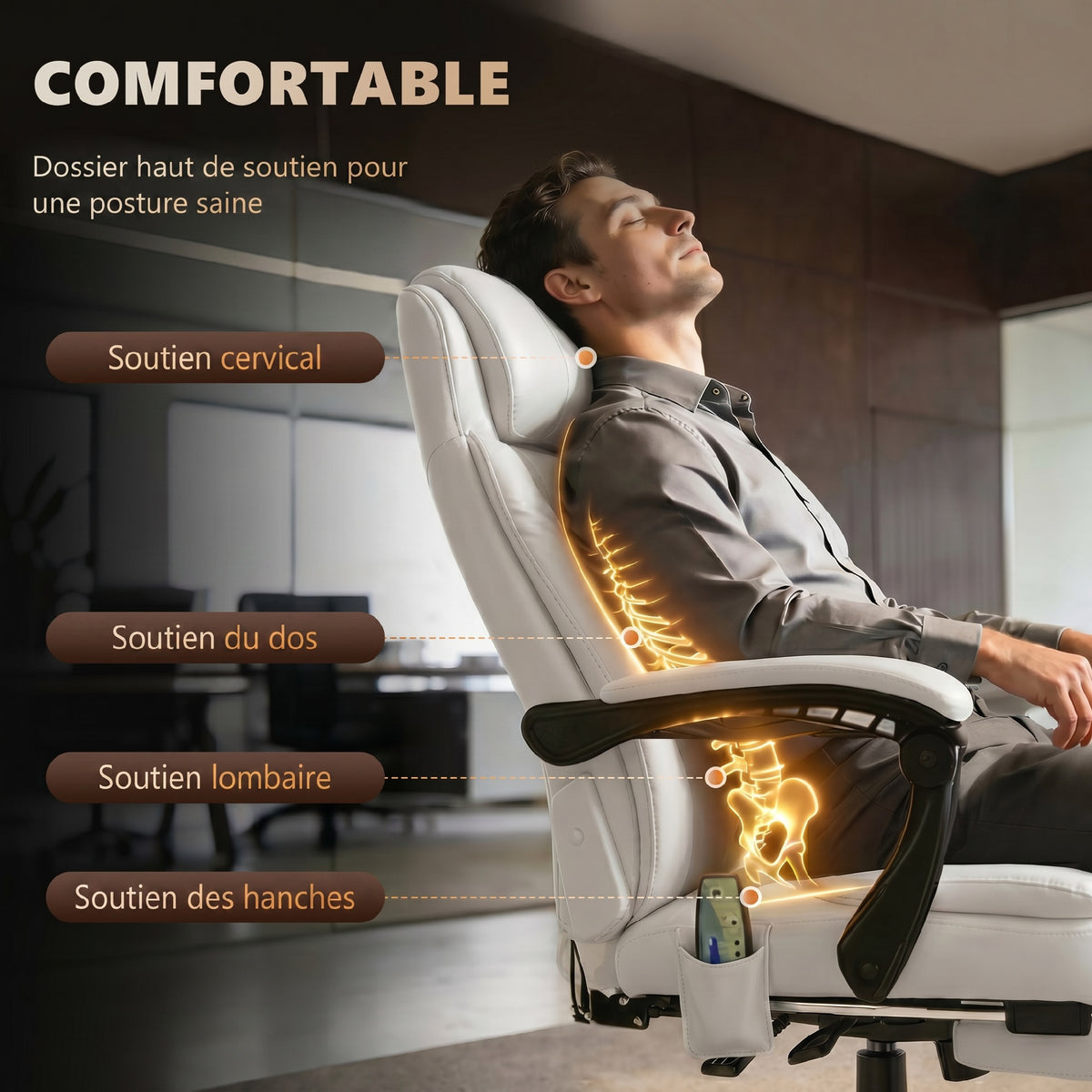 Fauteuil de Bureau Massant 7 Points, Chaise de Bureau Ergonomique avec Repose-pieds Rétractable, Dossier Inclinable 155°, Hauteur Réglable, Pivotant à 360°, télécommande Filaire, Blanc