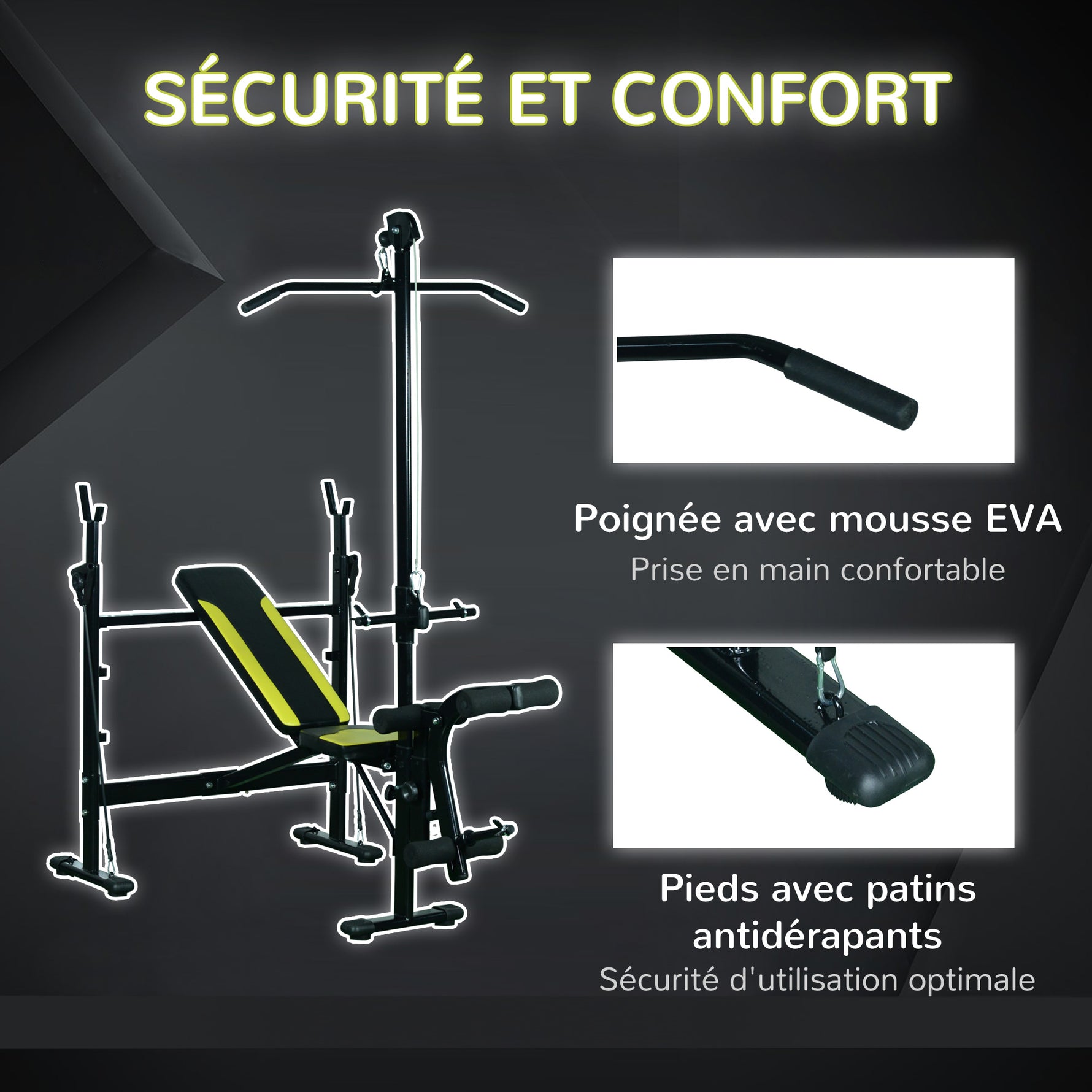 Banc de musculation Fitness entrainement complet dossier réglable cordes traction curler supports barre et haltères noir et jaune