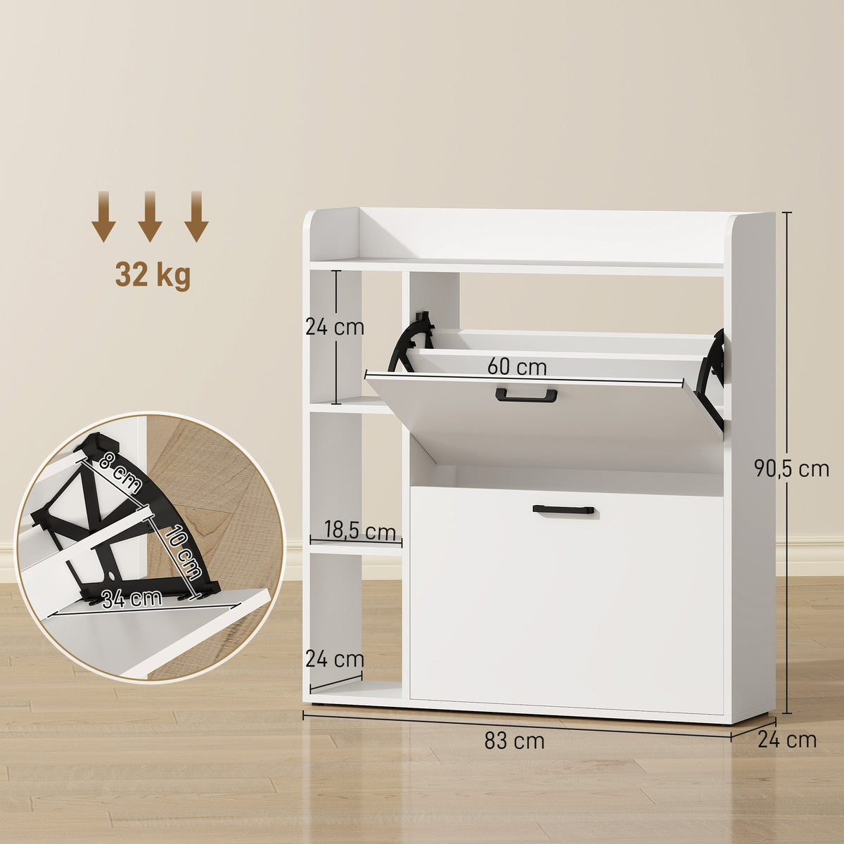 Meuble à chaussures 15 paires, armoire à chaussures moderne avec 2 tiroirs rabattables, 83x24x90,5cm, blanc