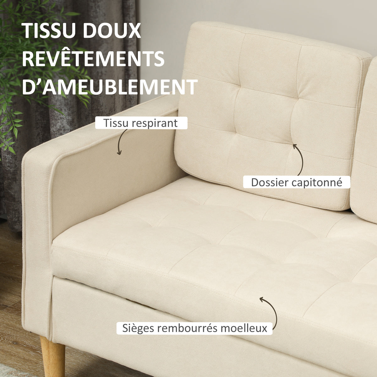 Canapé 3 places en flanelle de neige, canapé moderne avec rangement caché, dossier capitonné, 166,5 x 62 x 82 cm, crème