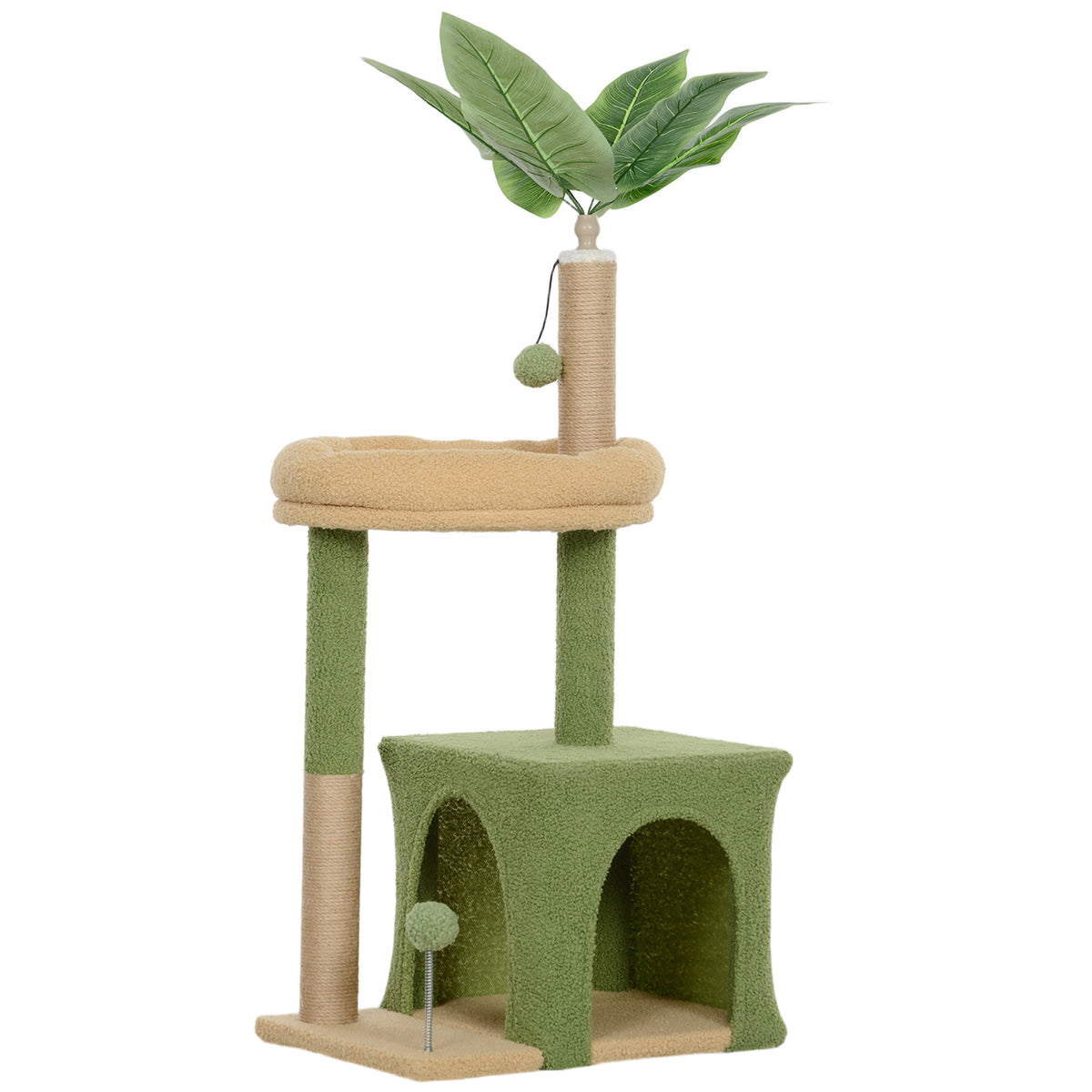 Arbre à chat tour de jeux pour chat avec niche lit griffoirs balles et feuilles artificielles 44 x 30 x 98 cm vert
