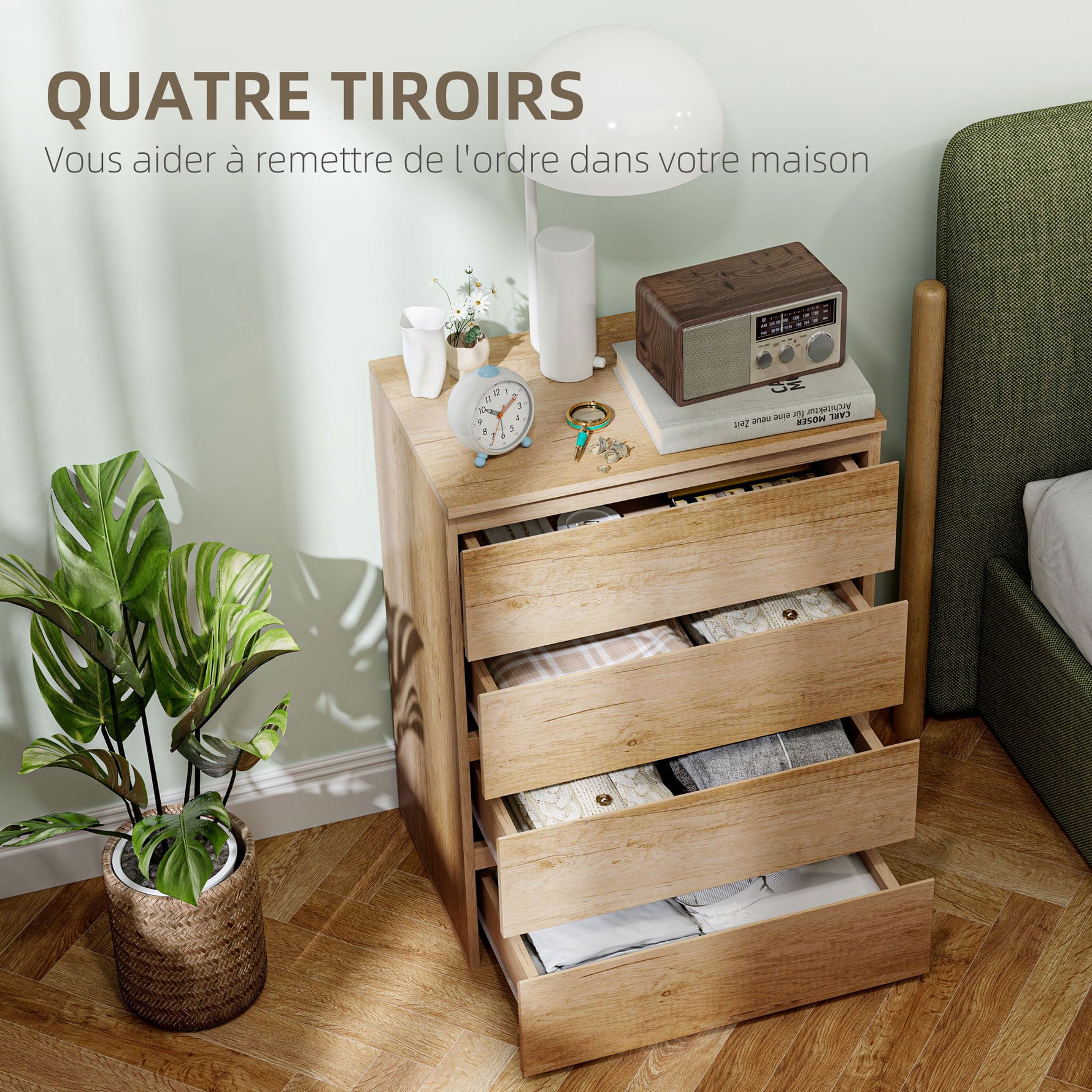 Commode 4 tiroirs meuble de rangement sans poignées design minimaliste 60 x 40 x 80 cm naturel