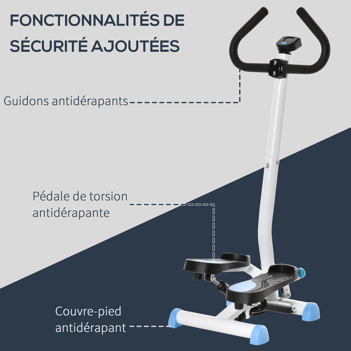Stepper avec guidon stepper fitness appartement écran LCD résistance réglable exercise hanches jambes lombes pour maison acier blanc bleu noir