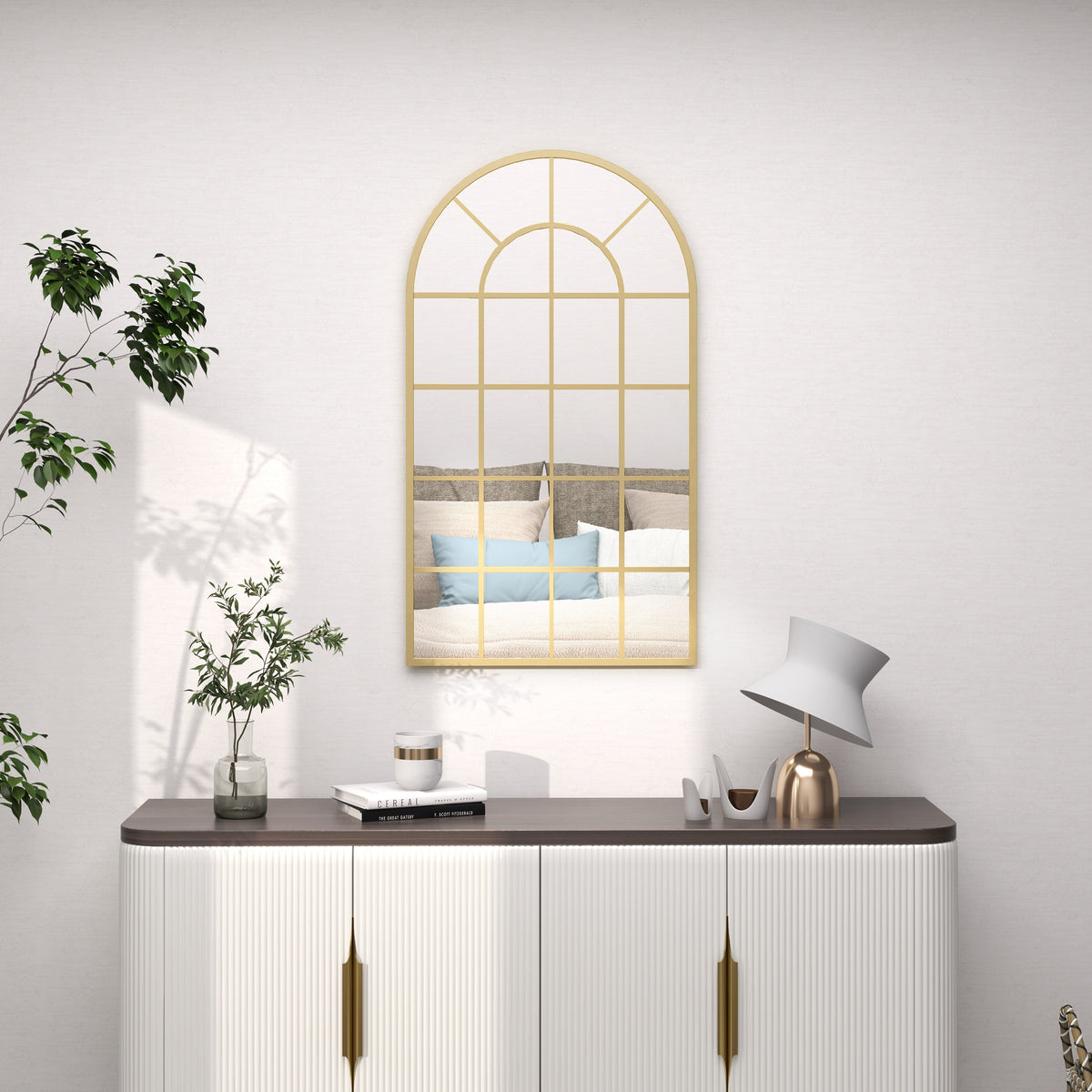 Specchio vetrata ad arco stile industriale finestra a tutto sesto metallo 110 x 65 cm dorato