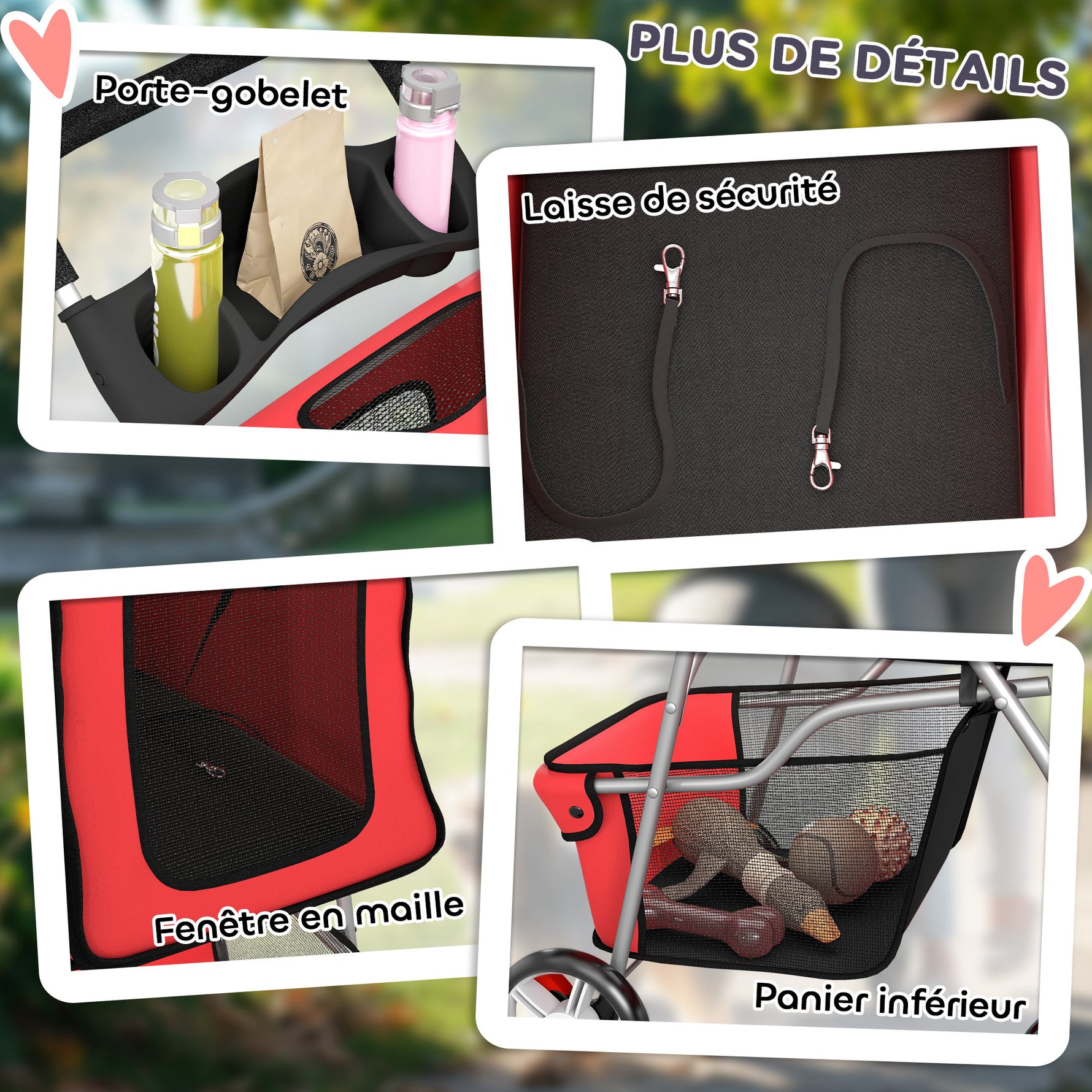 Poussette buggy pliable animaux chariot pliante chien chat porte-gobelet panier de rangement 75 x 45 x 97 cm rouge