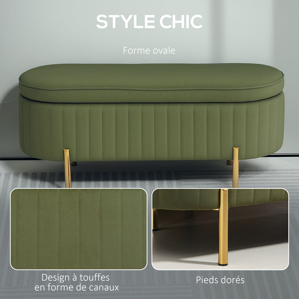 Banc de rangement, bout de lit en velours avec couvercle, pieds en métal, capacité 72 L, 108x44x43,5cm, vert foncé