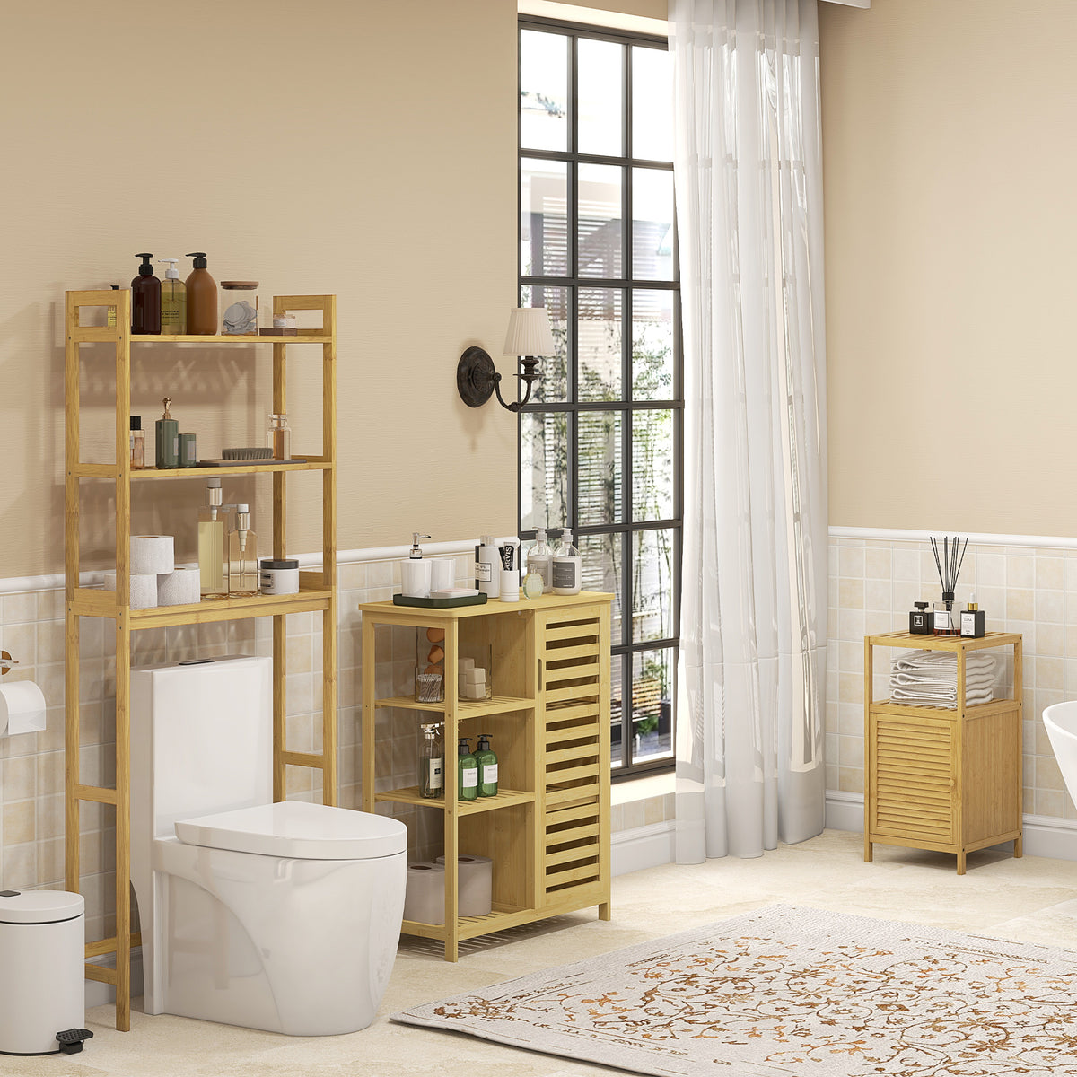 Meuble de rangement pour salle de bain en bambou 2 étagères et 1 placard avec porte 33 x 36,5 x 67 cm naturel