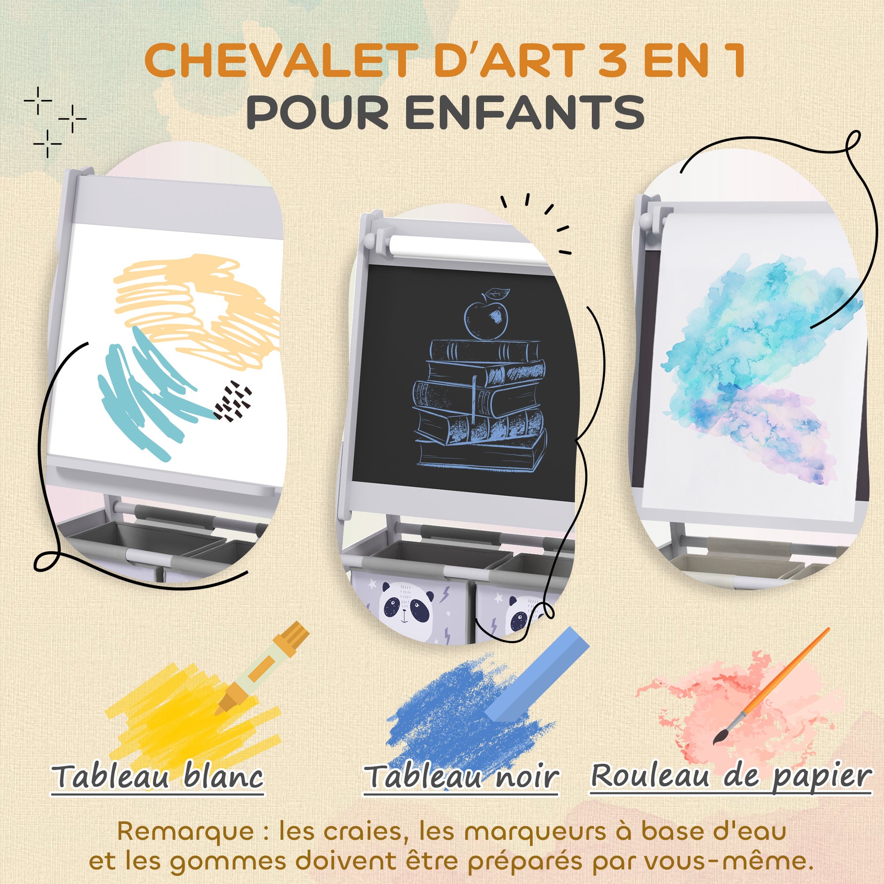 Tableau chevalet enfant ardoise double face tableau à craie rouleau papier 2 paniers 54 x 46,5 x 93 cm gris