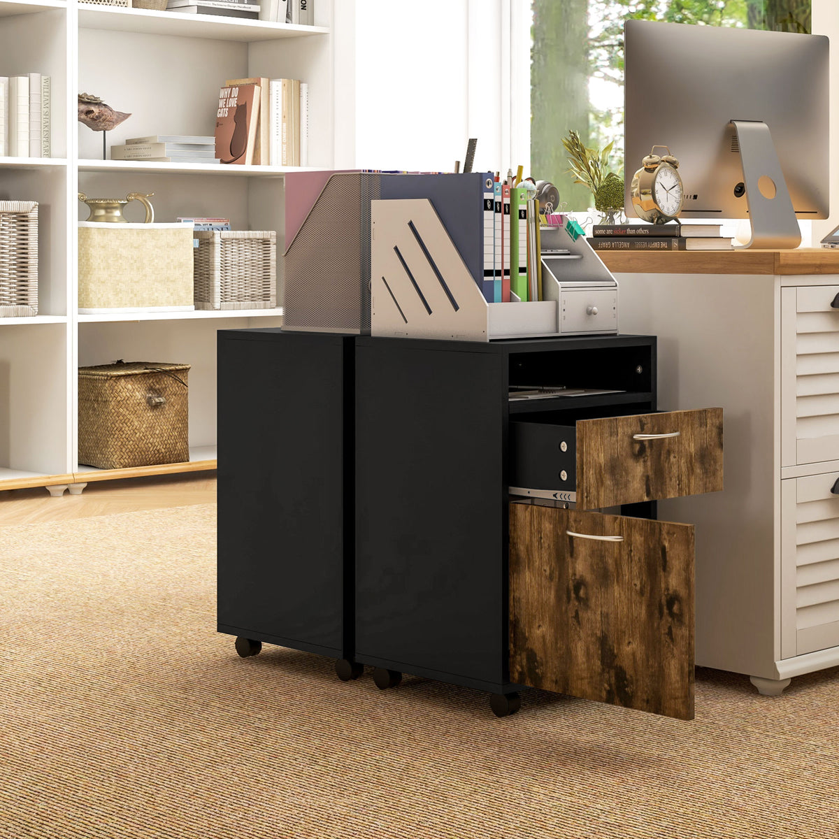 Caisson de bureau à roulettes avec tiroir placard niche pour documents et dossier suspendu 40 x 35 x 60 cm brun rustique