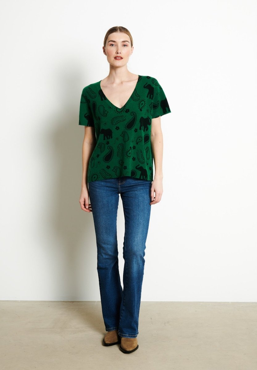 T-shirt col V manches courte femme en cachemire imprimé vert émeraude - RIA 6