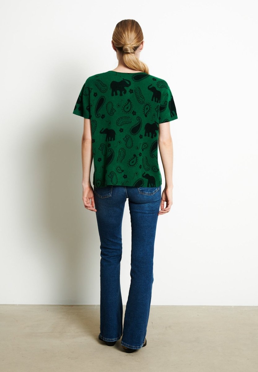T-shirt col V manches courte femme en cachemire imprimé vert émeraude - RIA 6