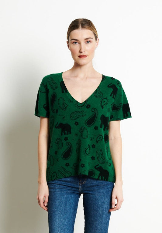 T-shirt col V manches courte femme en cachemire imprimé vert émeraude - RIA 6