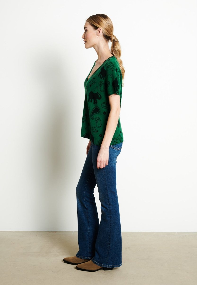 T-shirt col V manches courte femme en cachemire imprimé vert émeraude - RIA 6
