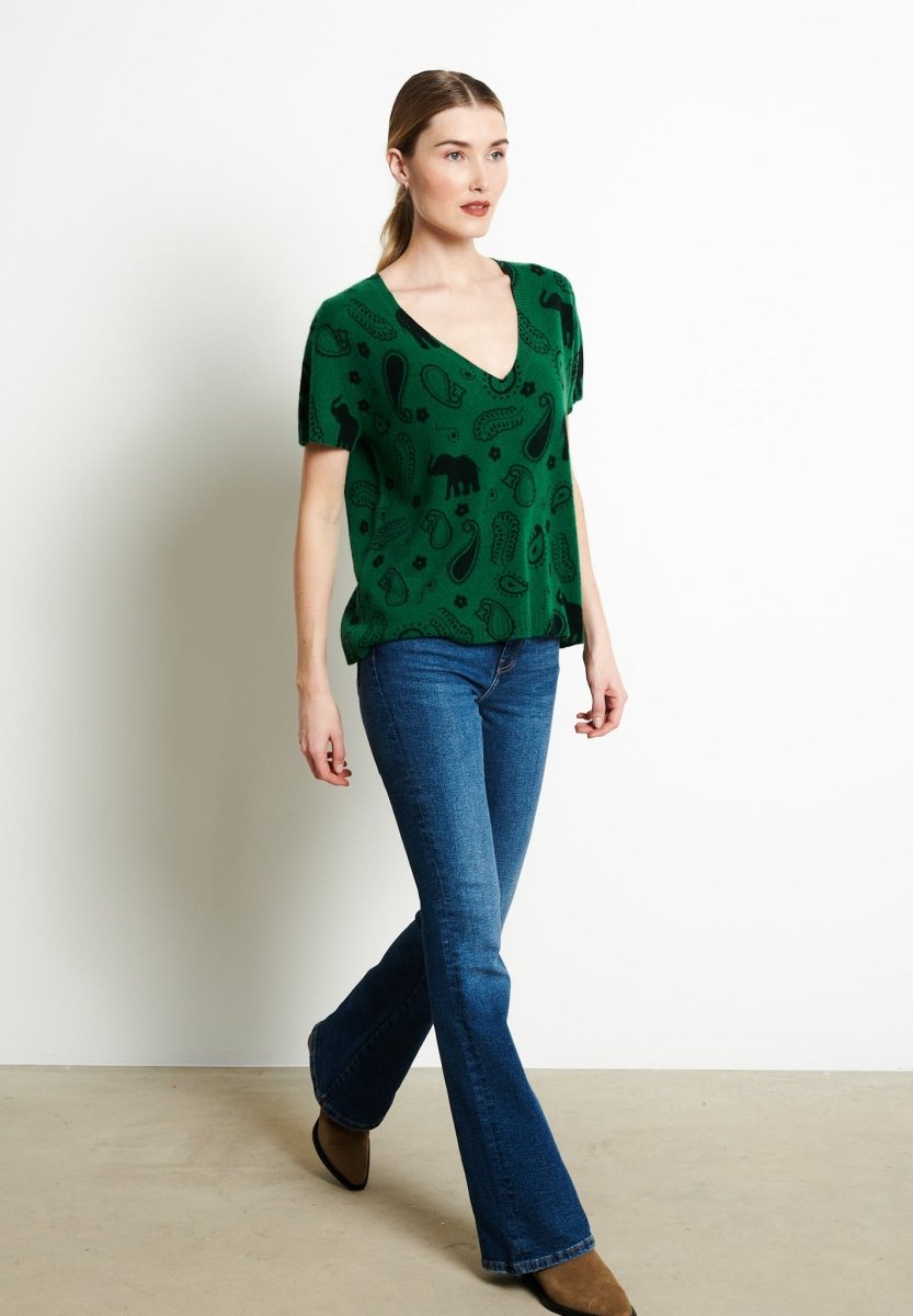 T-shirt col V manches courte femme en cachemire imprimé vert émeraude - RIA 6