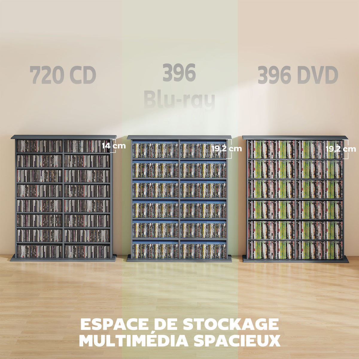 Mobile porta CD e DVD con 16 scomparti e 12 ripiani regolabili, capacità max. 720 CD/396 DVD e Blu-ray, grigio