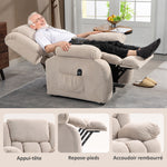 Fauteuil releveur électrique massage et chauffage avec repose-pied, dossier inclinable, télécommande et poche latérale