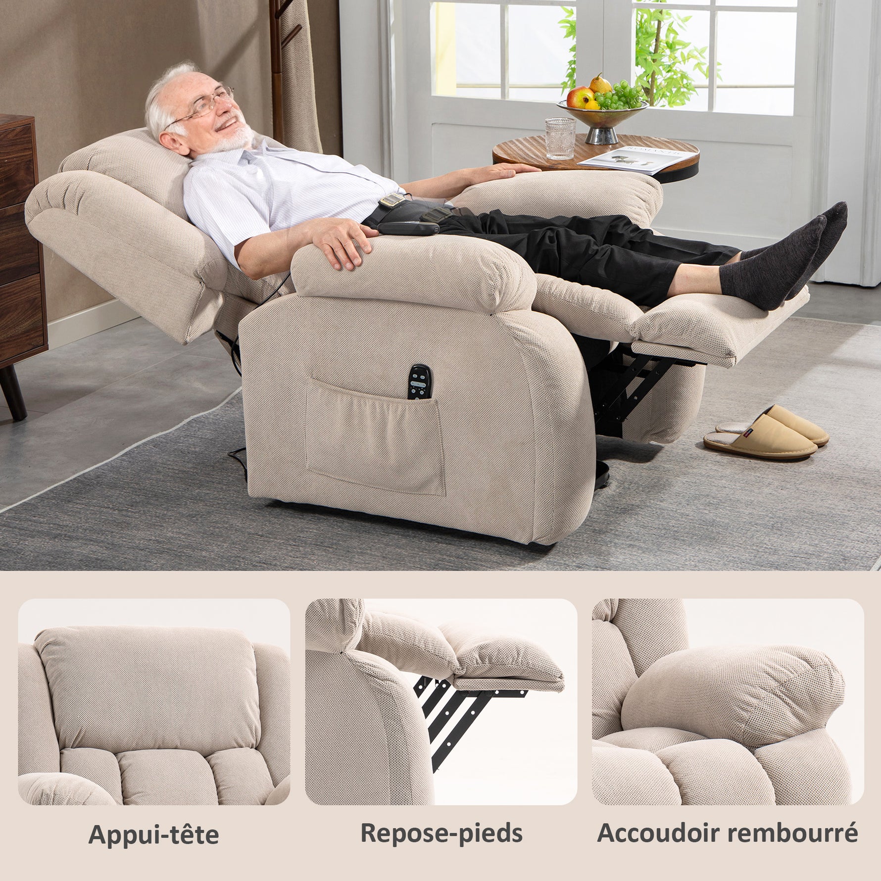 Fauteuil releveur électrique massage et chauffage avec repose-pied, dossier inclinable, télécommande et poche latérale