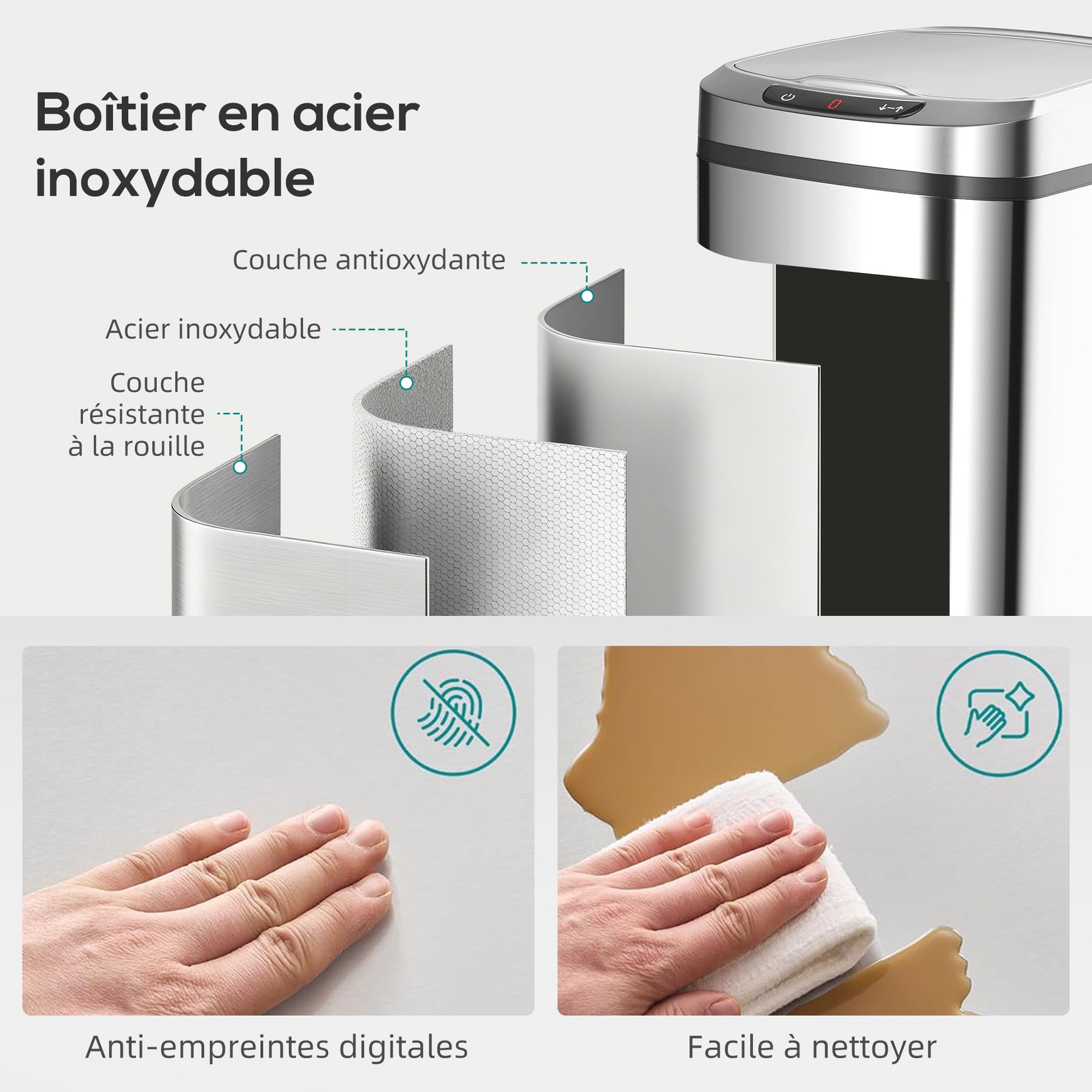 Poubelle de cuisine automatique 12 L en acier inoxydable, poubelle à capteur avec couvercle, 28 x 22 x 41 cm, argent
