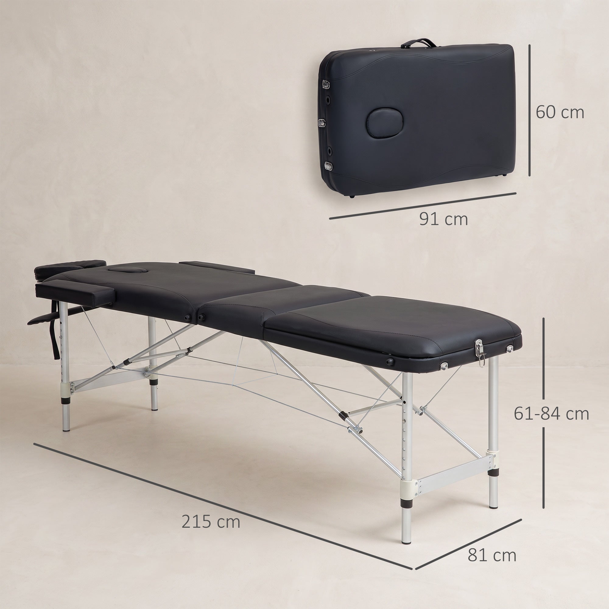 Lettino da Massaggio Pieghevole a 3 Zone 225kg Angoli Arrotondati Altezza 61-84 cm 215x81cm Nero