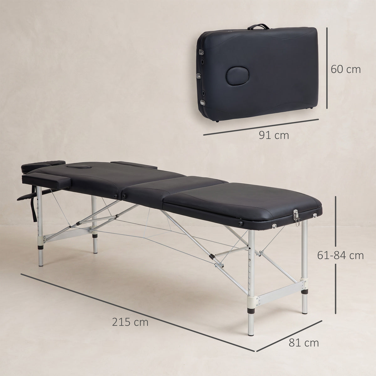 Inklapbare 3-zone massagetafel, draagvermogen 225 kg, afgeronde hoeken, hoogte 61-84 cm, 215x81 cm, zwart