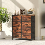 Commode 8 tiroirs en tissu, meuble de rangement, 4 poches, 2 crochets, structure en acier, 86x30x94,5cm, brun rustique