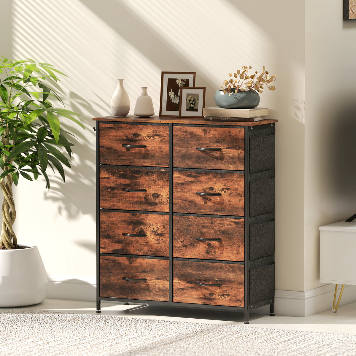Commode 8 tiroirs en tissu, meuble de rangement, 4 poches, 2 crochets, structure en acier, 86x30x94,5cm, brun rustique