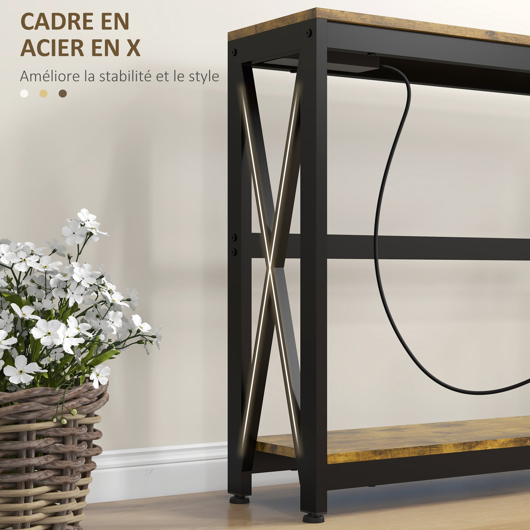 Console meuble étroite à 2 niveaux style industriel avec prises de courant et USB, 100 x 24 x 75 cm, marron
