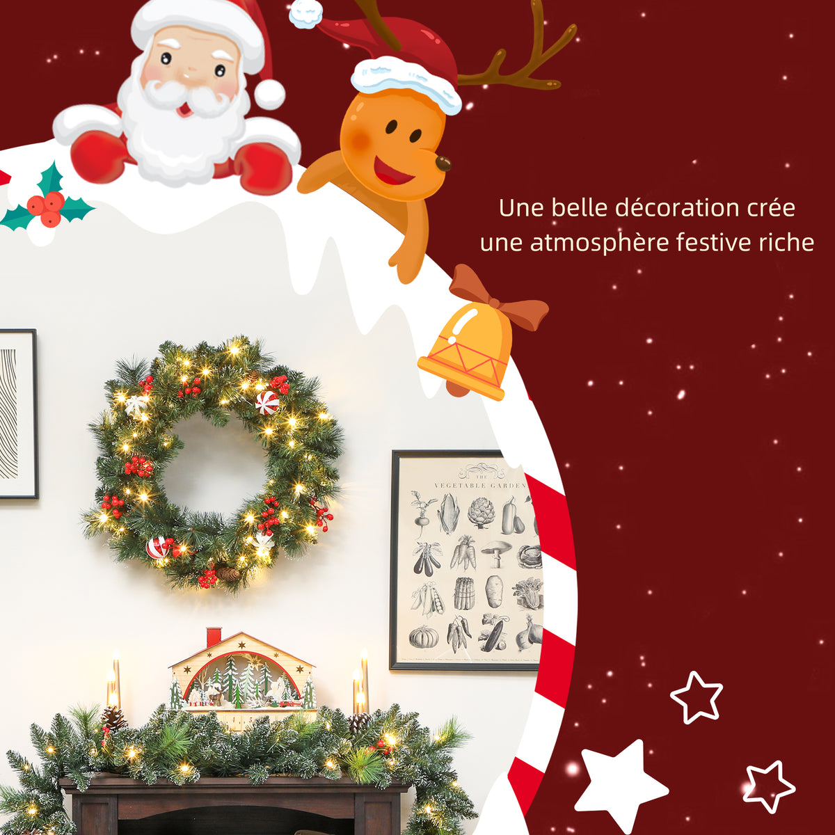 Couronne de Noël lumineuse 60 cm avec 50 LED, minuterie, 146 pointes, pommes de pin, baies, boules décoratives, vert