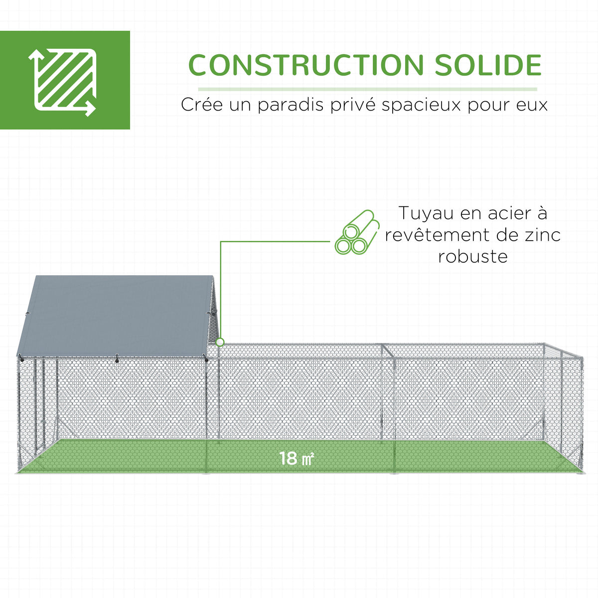 Enclos poulailler parc grillagé extérieur 18 m² chenil volière espace couvert acier galvanisé 6 x 3 x 1,95 m-3