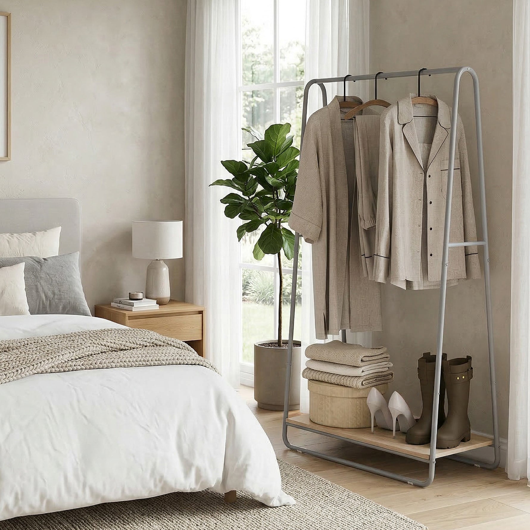 Portant à vêtement 3 en 1, portemanteau avec porte-chaussures, tringles supérieures et latérales, gris