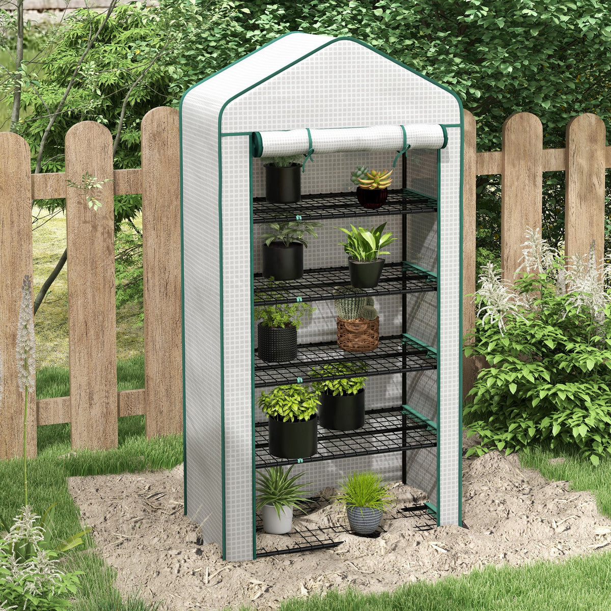 Serre de jardin Serre 5 niveaux avec 1 porte enroulable, Bâche en PE Renforcée Résistante dim. 90L x 49l x 193H cm