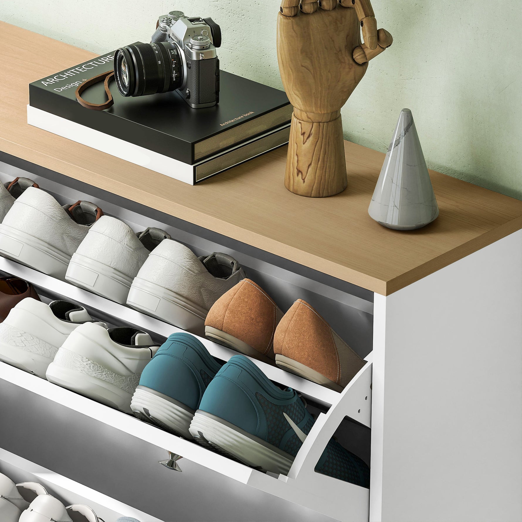 Meuble à Chaussures 32 Paires avec 4 Tiroirs Rabattables, Étagères Réglables, Moderne, 80 x 23,5 x 157 cm, Blanc