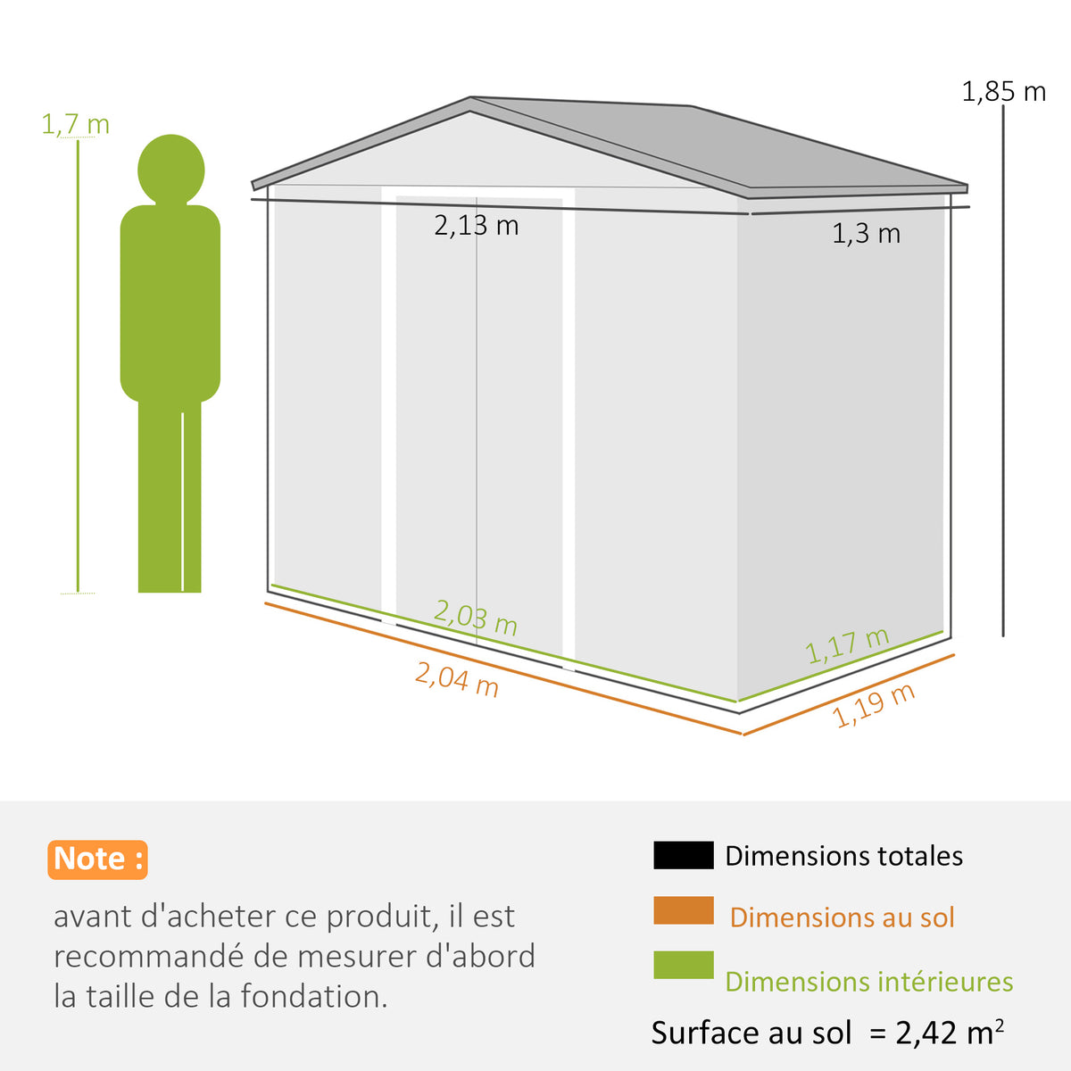Abri de Jardin 2,42 m² - Remise pour Outils avec Fondation - cabanon Porte verrouillable - tôle d'acier Gris