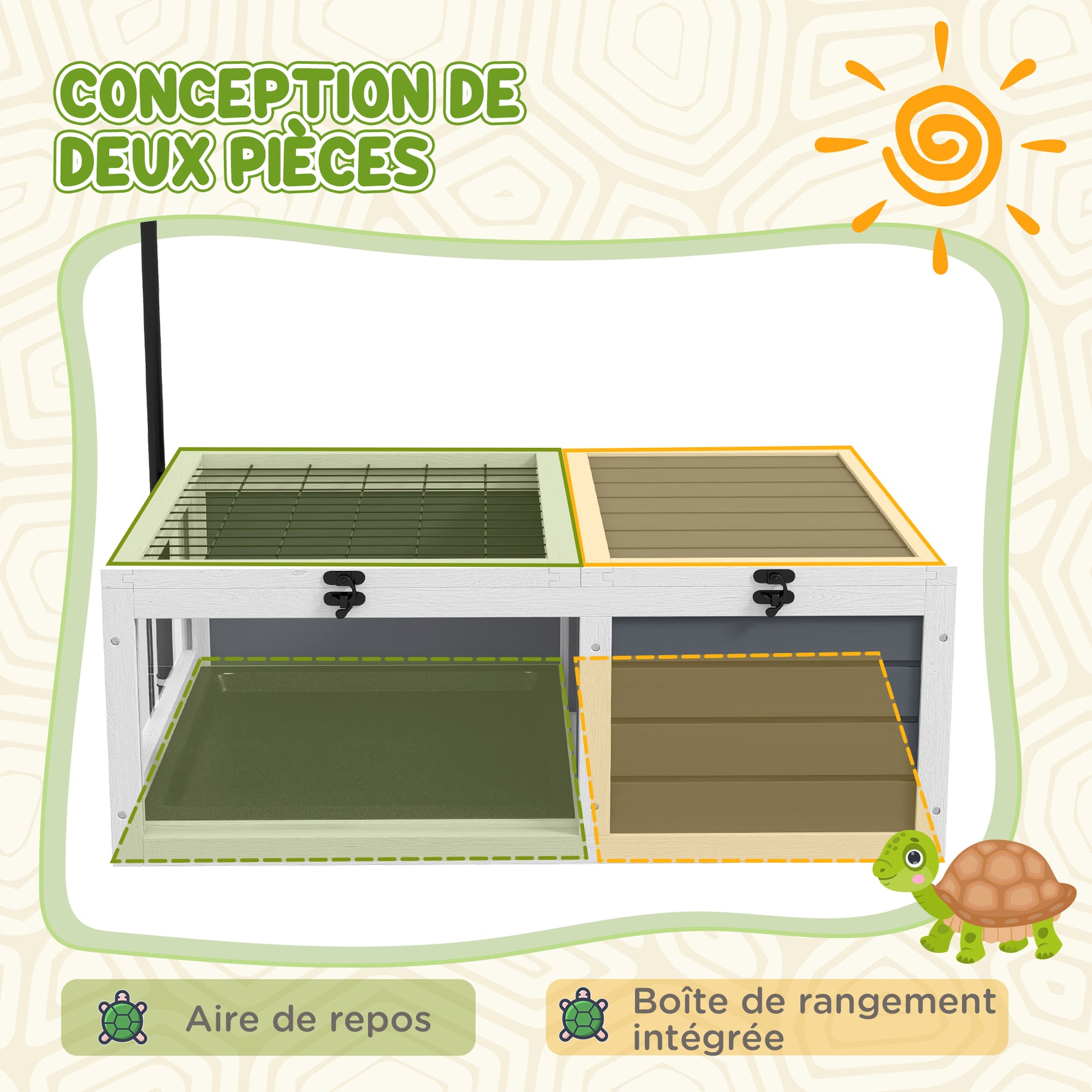 Maison enclos cage pour petit animal tortue avec 2 espaces support de lampe réglable 81 x 48 x 31,5 cm gris