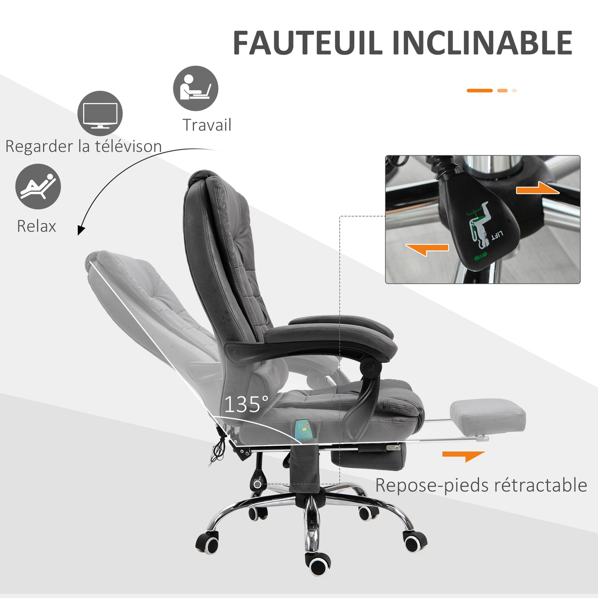 Fauteuil de bureau massant chauffant hauteur réglable dossier inclinable repose-pied + coussin lombaires intégrés
