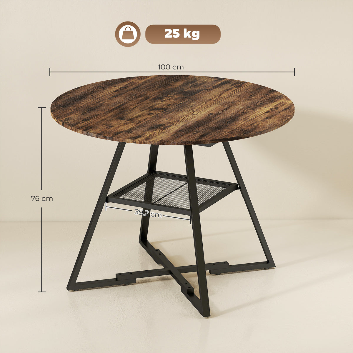 Table à manger ronde pour 4 personnes, Ø 100 x 76 cm, table de cuisine avec large plateau et étagère, brun rustique