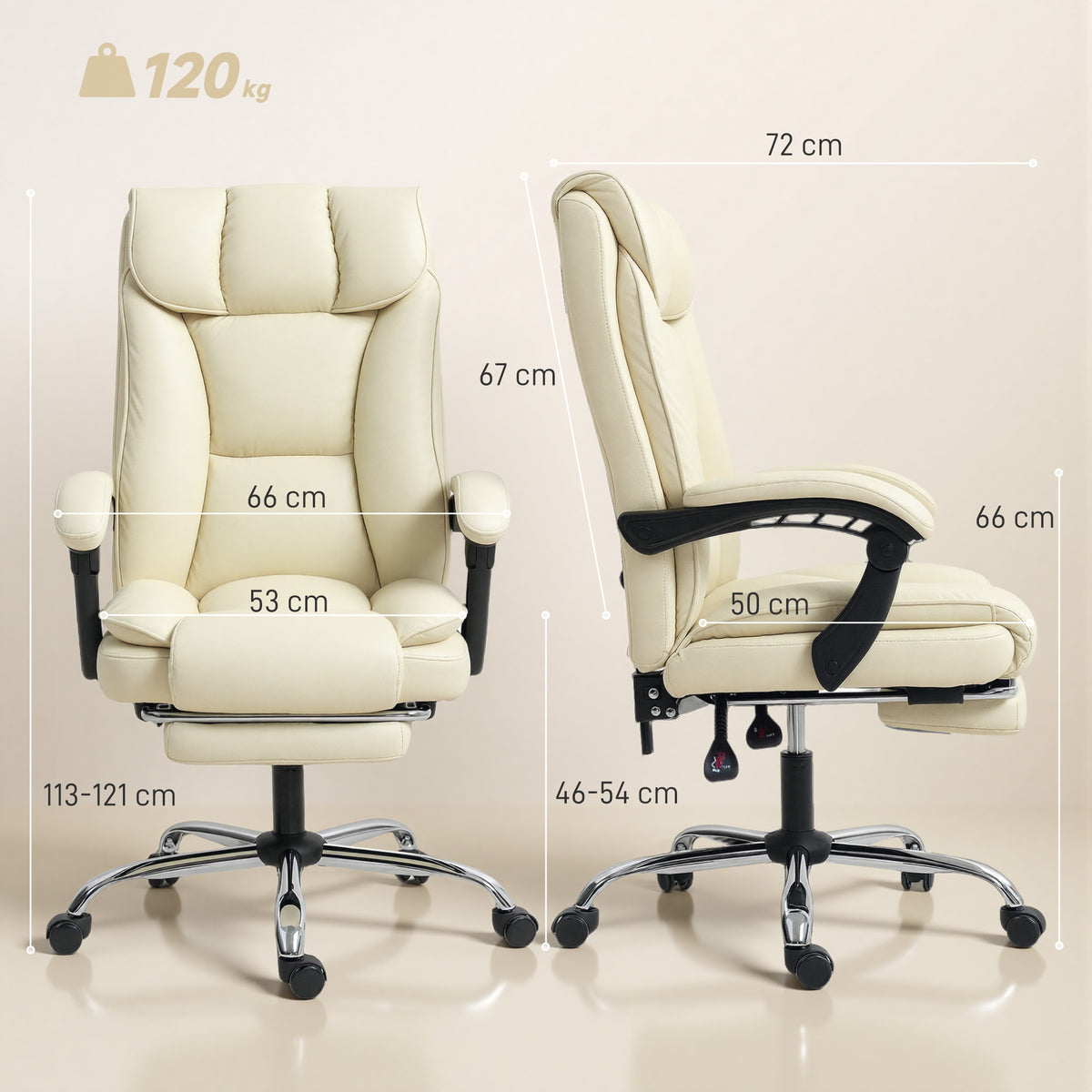Chaise de bureau ergonomique, fauteuil de bureau inclinable avec repose-pieds, hauteur réglable, pivotante 360°, beige