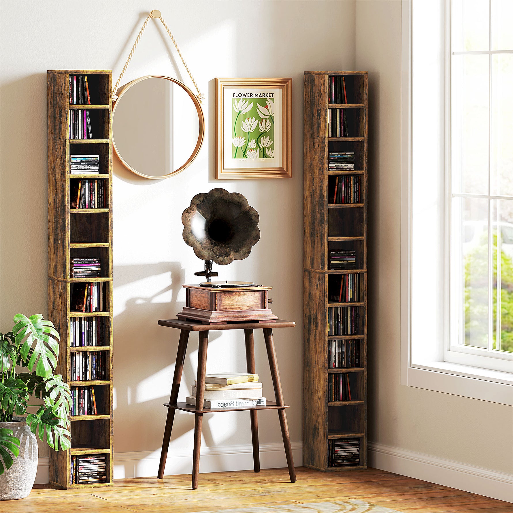 Rangements pour CD et DVD avec 12 compartiments, capacité max. 204 CD, 21 x 20 x 175 cm, brun rustique