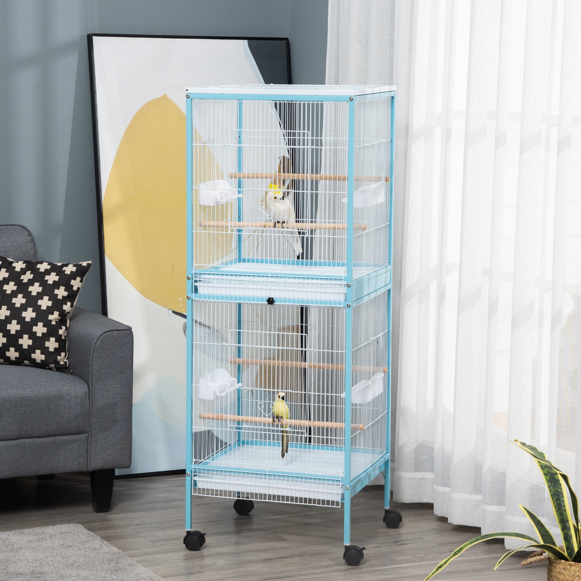 Grande Cage à Oiseaux sur Pied Double avec Mangeoires Perchoirs Plateau Amovible Roulettes 51,5 x 50 x 140 cm Bleu Clair