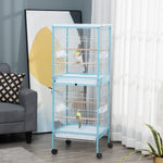 Grande Cage à Oiseaux sur Pied Double avec Mangeoires Perchoirs Plateau Amovible Roulettes 51,5 x 50 x 140 cm Bleu Clair