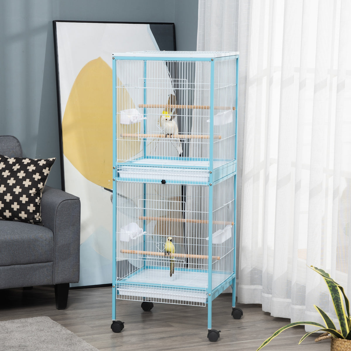 Grande Cage à Oiseaux sur Pied Double avec Mangeoires Perchoirs Plateau Amovible Roulettes 51,5 x 50 x 140 cm Bleu Clair