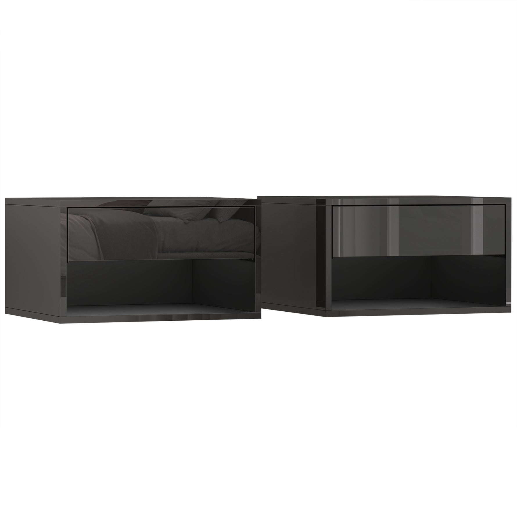 Lot de 2 tables de chevet murales, tables de nuit, tiroir, compartiment ouvert, plateau, 37 x 32 x 21 cm, noir
