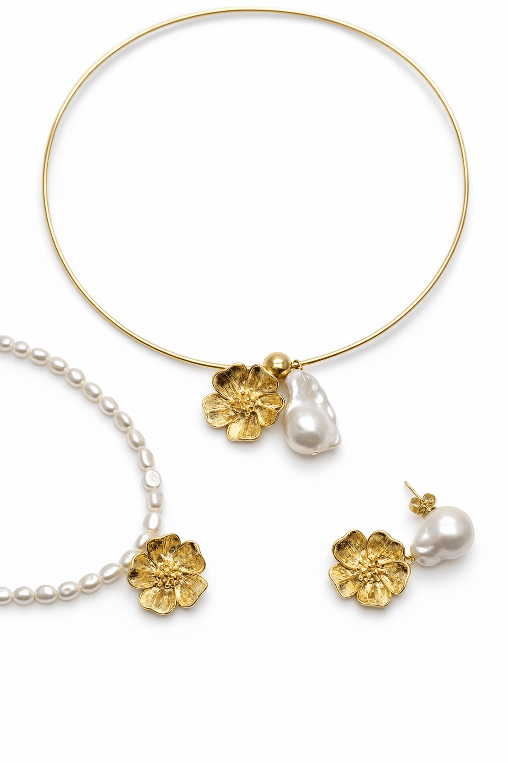 Collier long fleur Aya - plaqué or et perle de culture